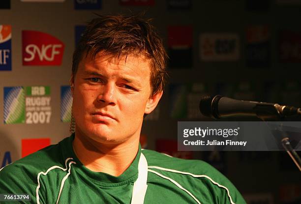 Brian O'Driscoll, captain of Ireland talks to the media after the Match Eight of the Rugby World Cup 2007 between Ireland and Namibia at the Stade...