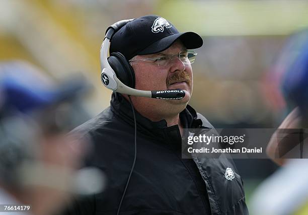 Head coach Andy Reid of the Philadelphia Eagles watches as his team takes on the Green Bay Packers at Lambeau Field September 9, 2007 in Green Bay,...