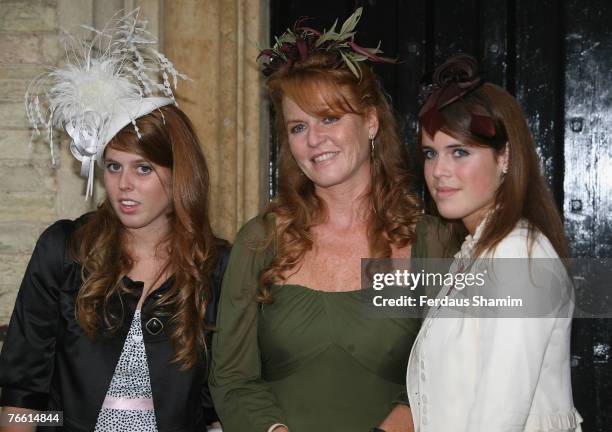 Princess Beatrice, Sarah Ferguson and Princess Eugenie attend the wedding of Chloe Delevingne and Louis Buckworth on September 7, 2007 in London,...