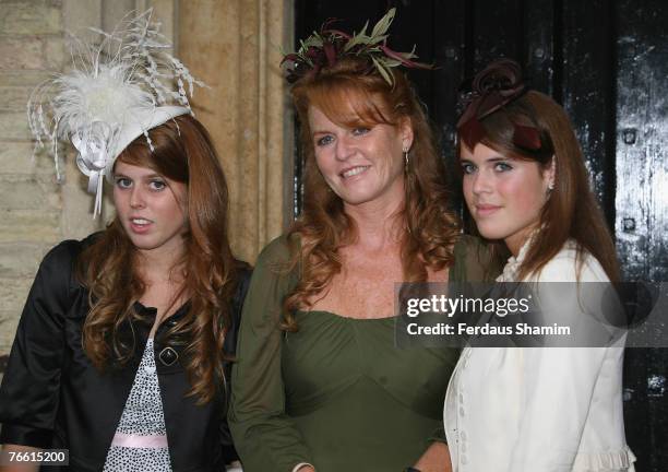 Princess Beatrice, Sarah Ferguson and Princess Eugenie attend the wedding of Chloe Delevingne and Louis Buckworth on September 7, 2007 in London,...