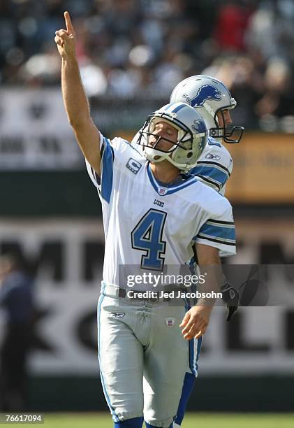 Jason Hanson of the Detroit Lions celebrates after kciking a field goal in the fourth quater against the Oakland Raiders during an NFL game on...