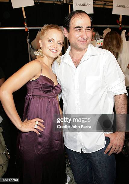 Actress Mena Suvari and Designer Amir Slama with models backstage at the Rosa Cha 2008 Fashion Show at the Tent in Bryant Park during the...