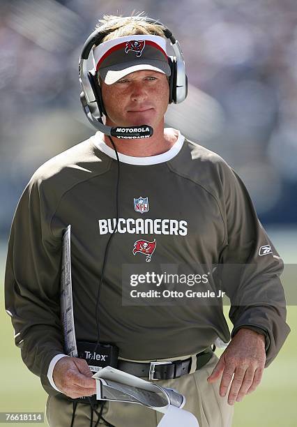 Head coach Jon Gruden of the Tampa Bay Buccaneers watches the game against the Seattle Seahawks at Qwest Field on September 9, 2007 in Seattle,...