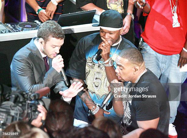 Singer Justin Timberlake, Rapper 50-Cent and Producer Timbaland perform during the 2007 MTV Video Music Awards at The Palms Hotel and Casino on...