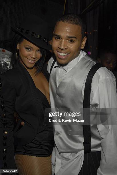 Singer Rihanna and Singer Chris Brown backstage at the 2007 MTV Video Music Awards at The Palms on September 9, 2007 in Las Vegas, Nevada....