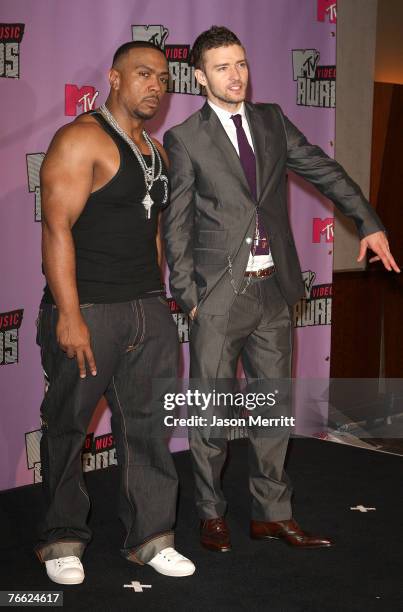 Producer/Rapper Timbaland and Justin Timberlake attend at the 2007 MTV Video Music Awards at the Palms Casino Resort on September 9, 2007 in...