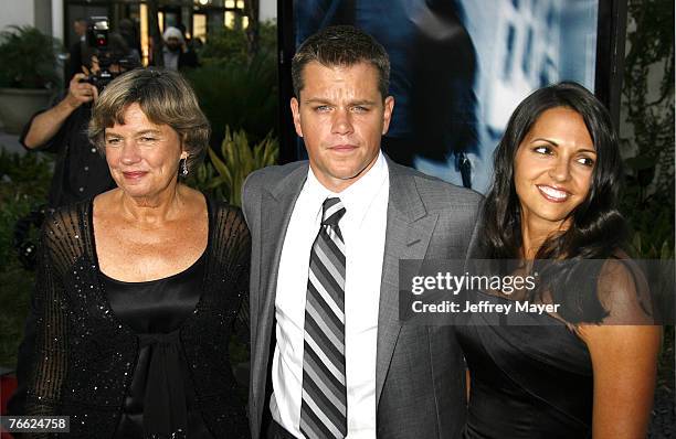 Actor Matt Damon , mother Nancy Carlsson-Paige and wife Luciana Damon arrive at "The Bourne Ultimatum" premiere at the ArcLight Hollywood Theatre on...