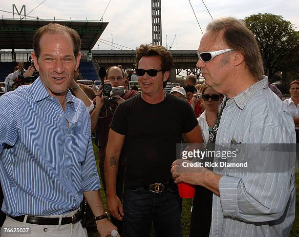 New York Governor Eliot Spitzer, Artist John Mellencamp and Artist Neil Young Backstage at Farm Aid 2007 at ICAHN Stadium on Randall's Island, NY...
