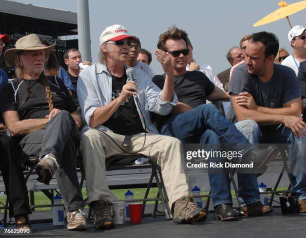 Farm Aid Founder Willie Nelson, Neil Young, John Mellencamp and Dave Matthews during The Press Confrence at Farm Aid 2007 at ICAHN Stadium on...