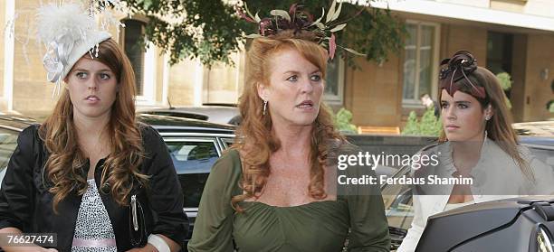 Princess Beatrice, Sarah Ferguson and Princess Eugenie attend the wedding of Chloe Delevingne and Louis Buckworth on September 7, 2007 in London,...