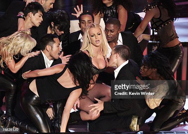 Singer Britney Spears performs onstage during the MTV Video Music Awards at The Palms Hotel and Casino on September 9, 2007 in Las Vegas, Nevada.