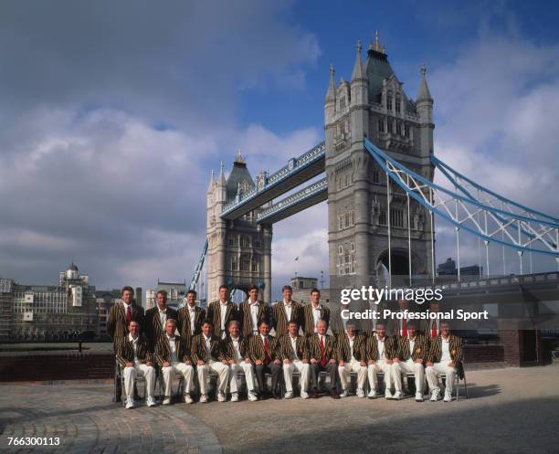 View of the Australian Cricket Team posing for their Official Photograph in front of Tower Bridge in London during the Ashes Tour of England, 18th...