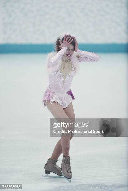 Ukranian figure skater Oksana Baiul of the Ukraine team pictured during competition to finish in first place to win the gold medal in the Women's...