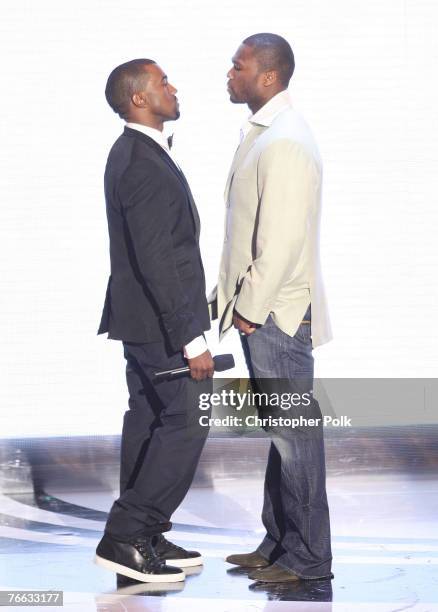 Rapper Kanye West, rapper 50 Cent at the 2007 MTV Video Music Awards at the Palms Casino Resort on September 9, 2007 in LasVegas, Nevada.