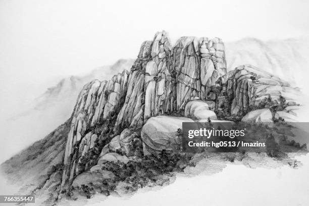 ulsan rock (famous travel destination in korea) pencil drawing - overgrown forest stock illustrations