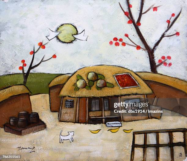 ilustrações, clipart, desenhos animados e ícones de korea rural scene illustration - caqui fruta tropical