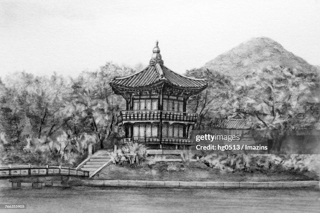 Hyangwonjeong (National Treasure of South Korea 1761) in Gyeongbokgung Royal Palace (Korean National Treasure 223) pencil drawing