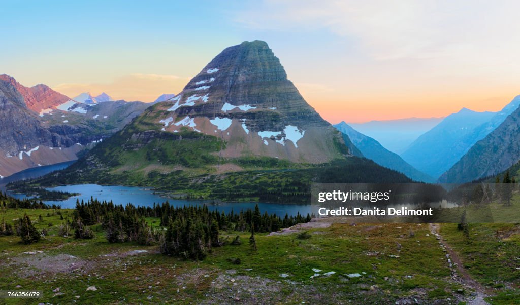 Landscape of Glacier National Park with Bearhat Mountain and Hidden Lake at sunset, Montana, USA