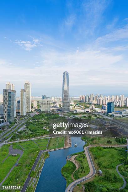 cityscape of songdo - songdo ibd stock pictures, royalty-free photos & images