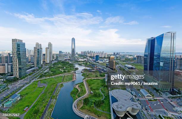 cityscape of songdo - songdo ibd stock pictures, royalty-free photos & images