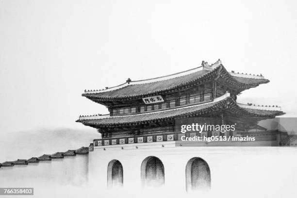 gwanghwamun gate pencil drawing - gwanghwamun stock illustrations