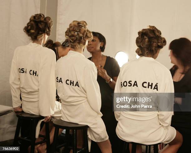 Models backstage at the Rosa Cha 2008 Fashion Show at the Tent in Bryant Park during the Mercedes-Benz Fashion Week Spring 2008 on September 8, 2007...
