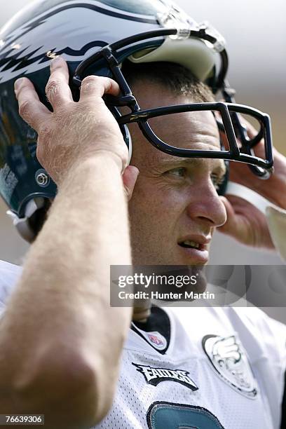 Punter Sav Rocca of the Philadelphia Eagles looks on from the sideline during the game against the Green Bay Packers on September 9, 2007 at Lambeau...