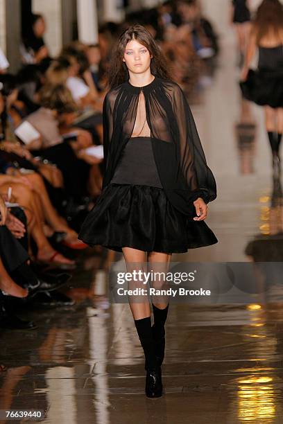 Model walks the runway wearing Jill Stuart Spring 2008 during Mercedes-Benz Fashion Week at Astor Hall on September 10, 2007 in New York City.