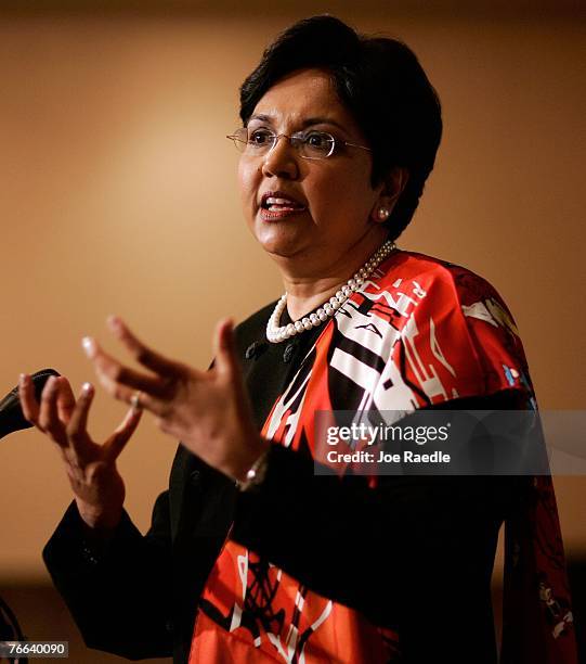 PepsiCo's chair and CEO, Indra Nooyi speaks at the Miami Dade College Miami Leadership Roundtable September 10, 2007 in Miami, Florida. Nooyi guides...