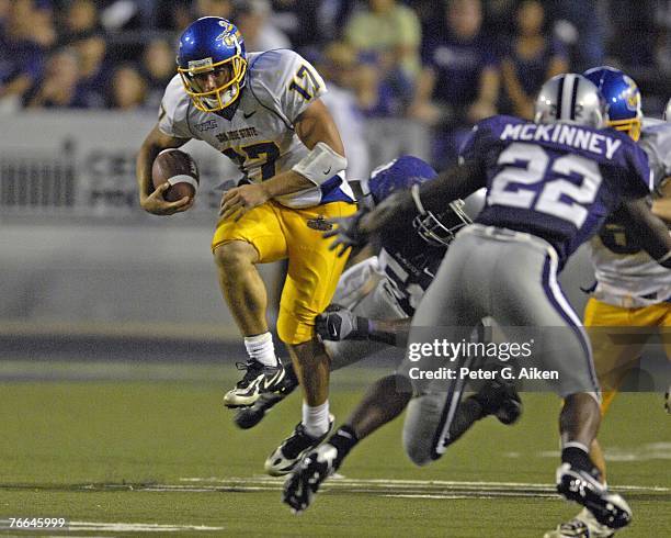 Quarterback Adam Tafralis of the San Jose State Spartans during a NCAA football game against the Kansas State Wildcats on September 8, 2007 at Bill...