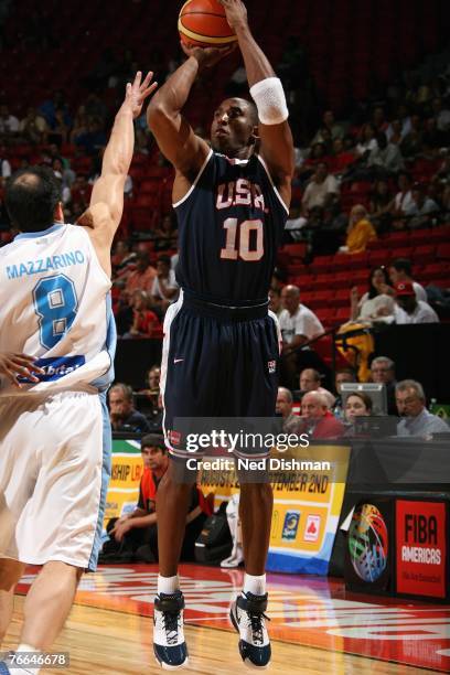 Kobe Bryant of the USA Men's Senior National Team shoots during the second round of the 2007 FIBA Americas Championship against Uruguay on August 29,...