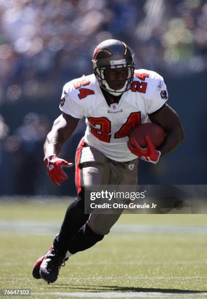 Carnell Williams of the Tampa Bay Buccaneers carries the ball against the Seattle Seahawks at Qwest Field on September 9, 2007 in Seattle,...