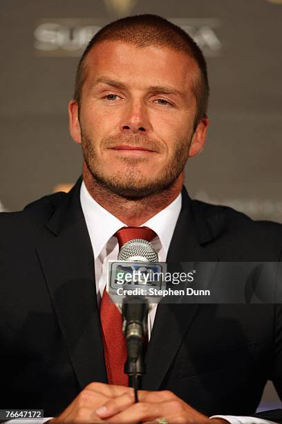 David Beckham of the Los Angeles Galaxy attends the post game press conference after their SuperLiga match against D.C. United on August 15, 2007 at...
