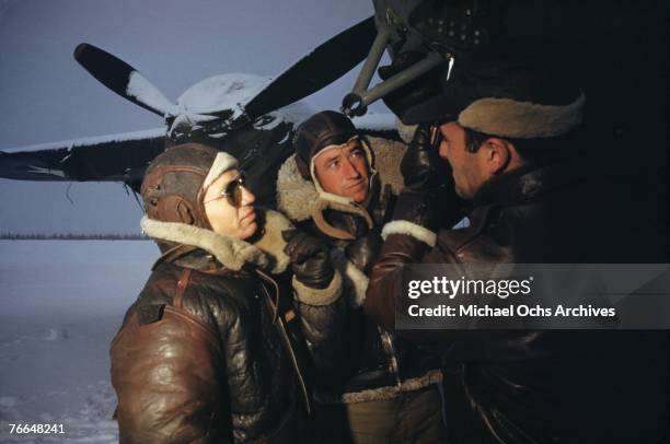 Liberator crew check their aircraft before take-off at a United States Army Air Force base in December 1942 in Goose Bay, Labrador, Canada.