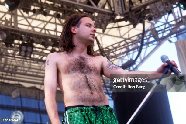 American singer, songwriter, and musician Jonathan Davis, of the American nu metal band Korn, performs at Lollapalooza 1997 on July 11, 1997 at...