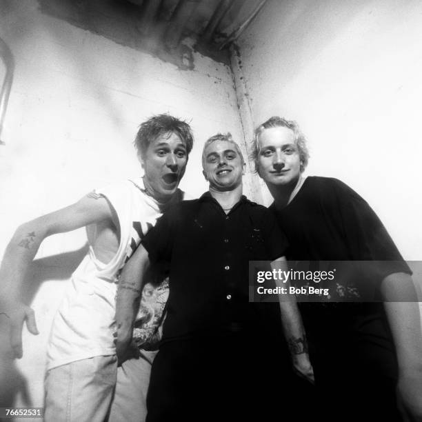 American rock band Green Day bassist Mike Dirnt, lead vocalist/guitarist Billy Joe Armstrong and drummer Tre Cool pose for a July 1994 portrait at...