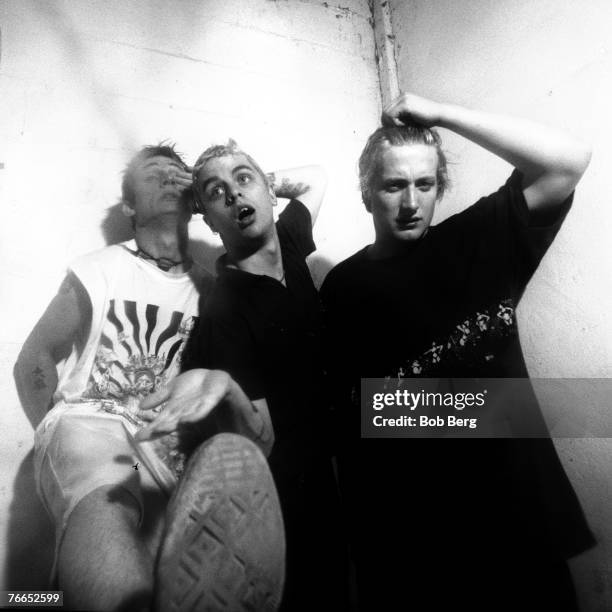 American rock band Green Day bassist Mike Dirnt, lead vocalist/guitarist Billy Joe Armstrong and drummer Tre Cool pose for a July 1994 portrait at...