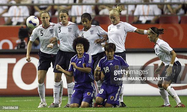 Japanese players Eriko Arakawa and Shinobu Ohno knee are seen in action in front of the England team during the 2007 FIFA Women's World Cup soccer...