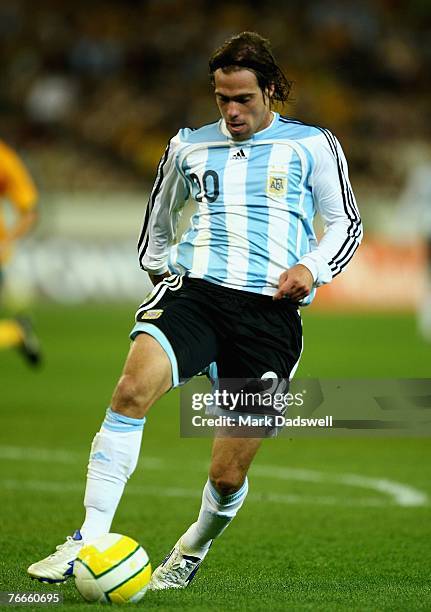 Federico Insua of Argentina controls the ball during the international friendly match between the Australian Socceroos and Argentina at the Melbourne...