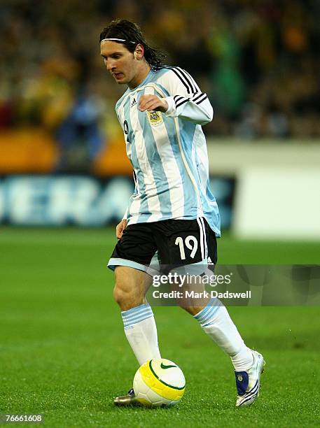 Lionel Messi of Argentina controls the ball during the international friendly match between the Australian Socceroos and Argentina at the Melbourne...