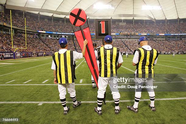 The chain gang tracks the line of scrimmage as the Minnesota Vikings defeated the Atlanta Falcons 24-3 at the Metrodome on September 9, 2007 in...