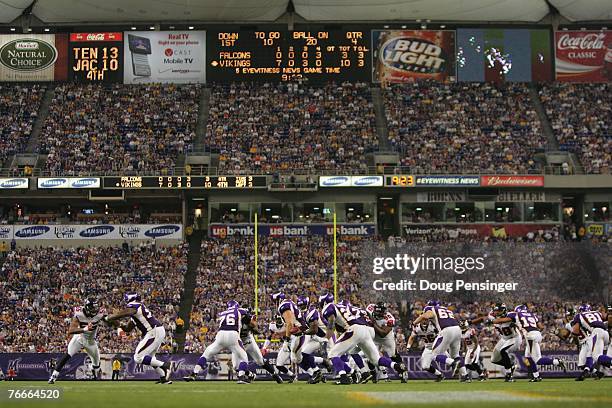Sell out crowd of 62,815 fans take in the action as the Minnesota Vikings defeated the Atlanta Falcons 24-3 at the Metrodome on September 9, 2007 in...