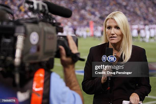 Dawn Mitchell reports from the sidelines for Fox Sports as the Minnesota Vikings defeated the Atlanta Falcons 24-3 at the Metrodome on September 9,...