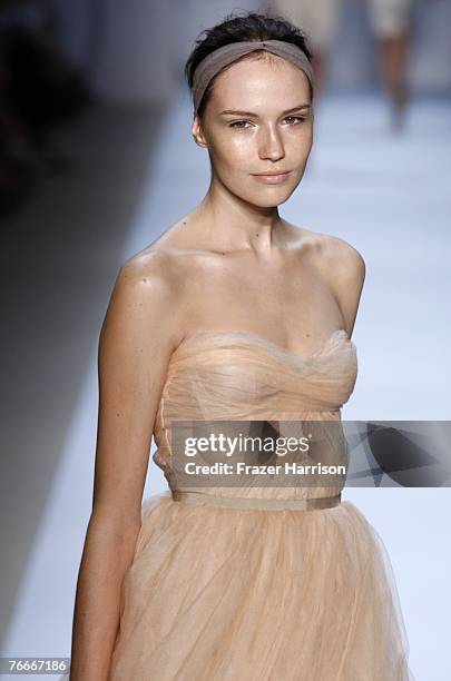 Model walks the runway during the Monique LHuillier 2008 Fashion Show at The Promenade in Bryant Park during the Mercedes-Benz Fashion Week Spring...