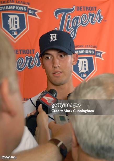 Detroit Tigers 2007 first-round draft pick Rick Porcello talks to the media at Comerica Park in Detroit, Michigan on August 24, 2007.