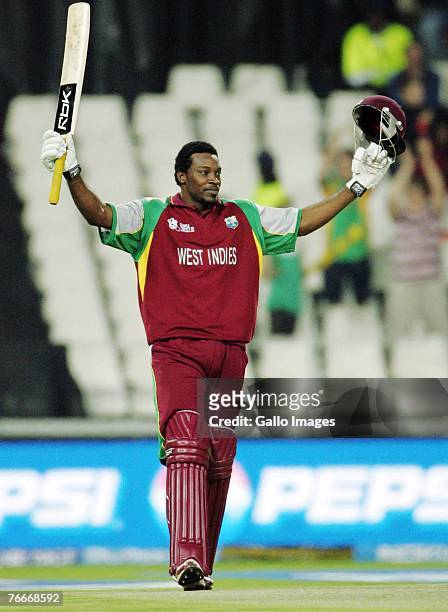 Chris Gayle of the West Indies celebrates his century during the ICC Twenty20 Cricket World Cup match between South Africa and West Indies at...
