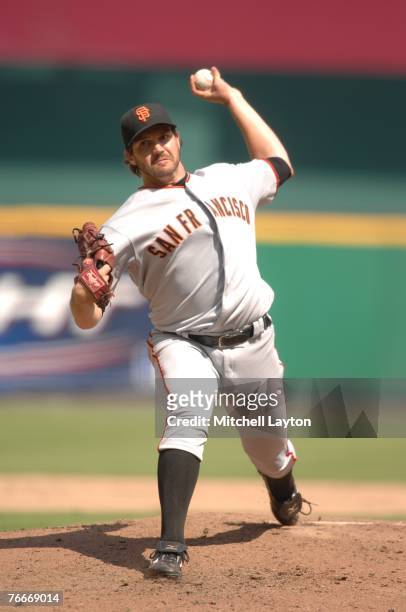 Barry Zito of the San Francisco Giants pitches during a baseball game against the Washington Nationals on September 2, 2007 at RFK Stadium in...