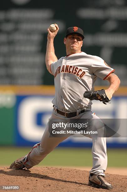 Brian Wilson of the San Francisco Giants pitches during a baseball game against the Washington Nationals on September 2, 2007 at RFK Stadium in...