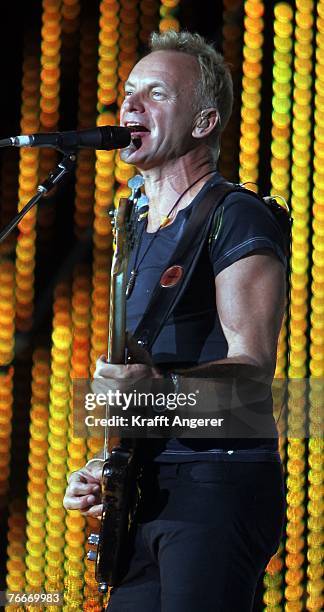 Lead singer Sting of the British rock band The Police, performs on stage of the HSH Nordbank Arena on September 11, 2007 in Hamburg, Germany. The...