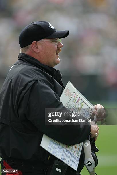 Head coach Andy Reid of the Philadelphia Eagles watches his team in action against the Green Bay Packers on September 9, 2007 at Lambeau Field in...